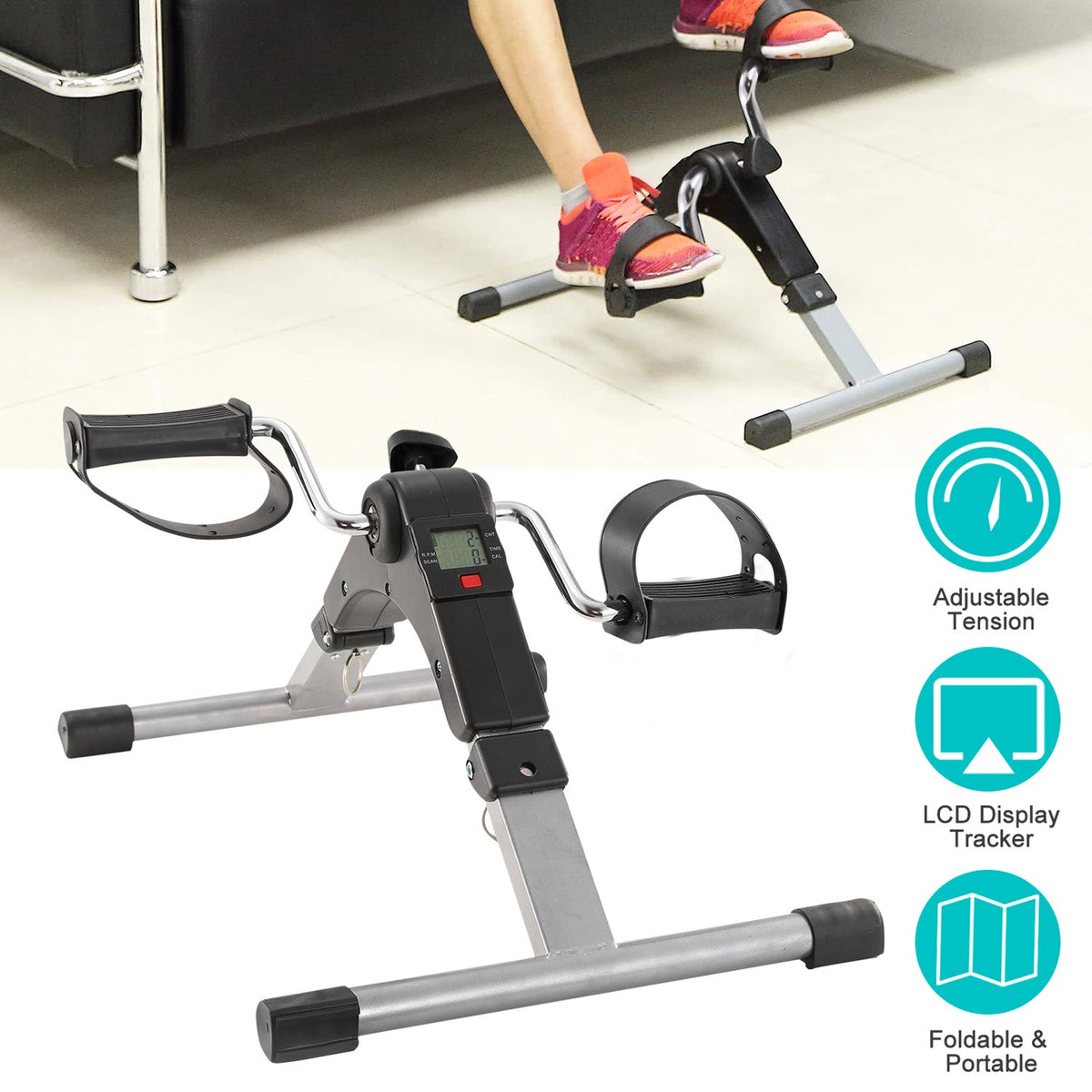 Foldable Exercise Bike Pedal Fitness Exerciser Cycle Bike w/ LCD Display Mini Pedal Exerciser for Leg Arm Physical Therapy Home Office Gym