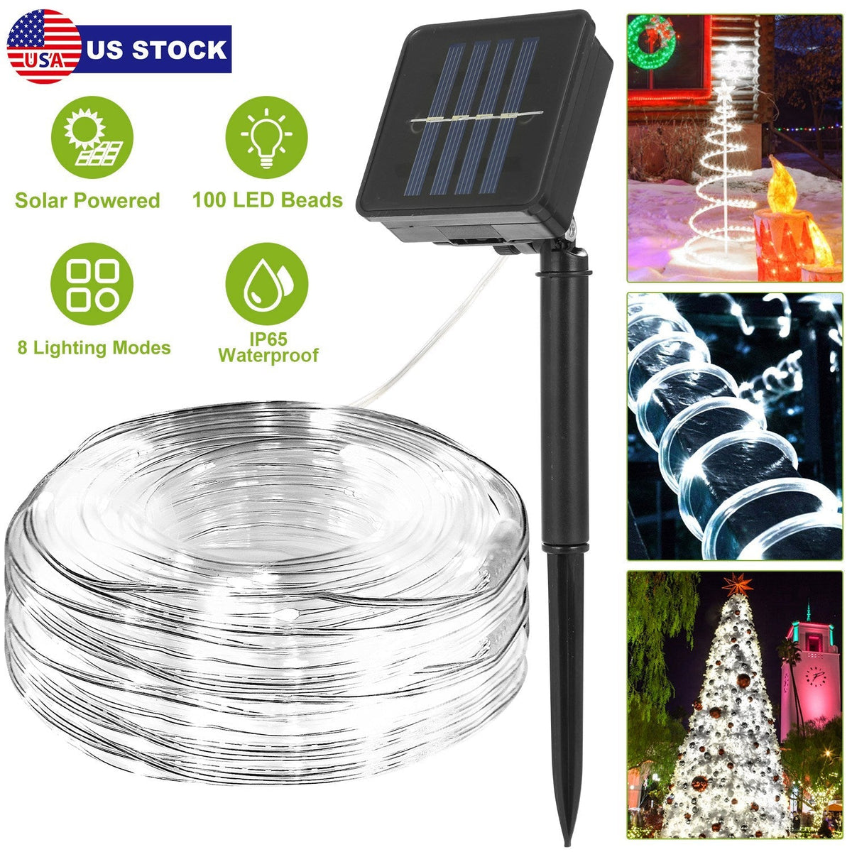 Solar Powered String Lights Outdoor 39.37FT 100 LED 8 Modes Solar Fairy Rope Lamp IP65 Waterproof Decorative Lights For Home Garden Parties