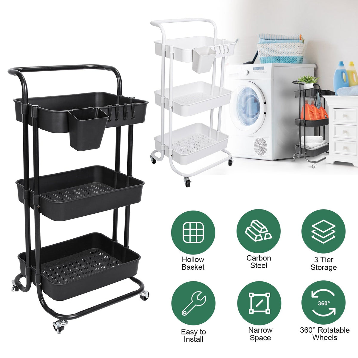 3 Tier Rolling Utility Cart Movable Storage Organizer with Mesh Baskets Lockable Wheels 360 Degree Rotatable Hanging Box Hooks Bedroom Bathroom Kitche