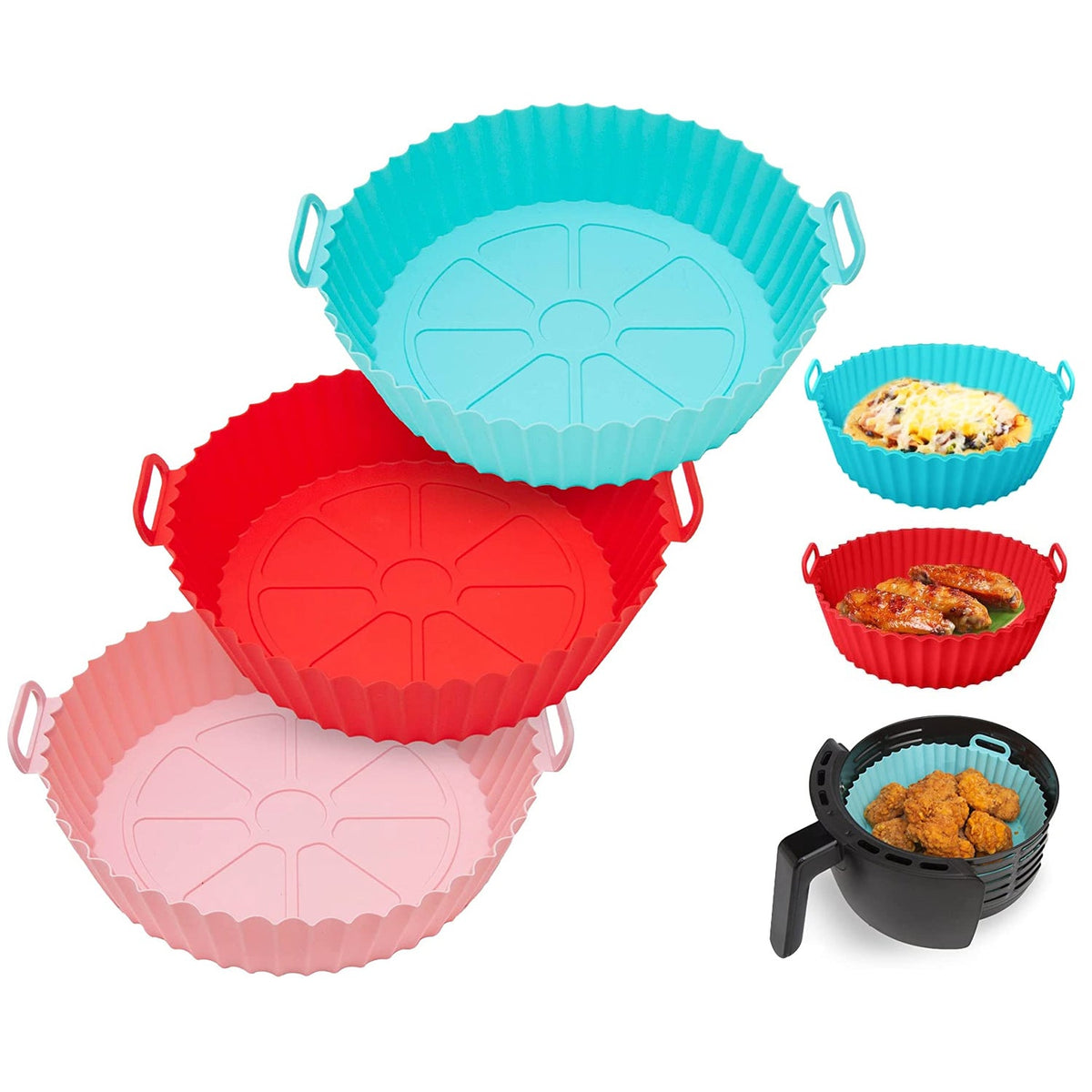 3Pcs Reusable Foldbale Air Fryer Silicone Pot 464¡F Heat Resistant Round Replacement of Parchment Liners 3 Food Grade Baking Basket Pans for 4+Quart A
