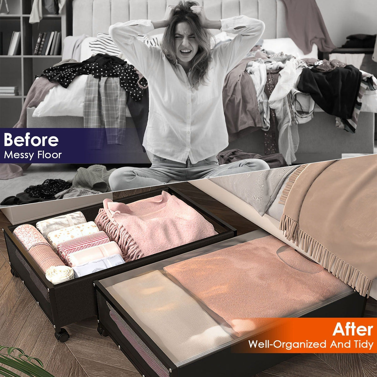 2Pcs Under Bed Storage Containers with 360¡ Rotatable Wheels Visible Dustproof Cover Under Bed Drawer with Clear Window Bedroom Storage Organizer
