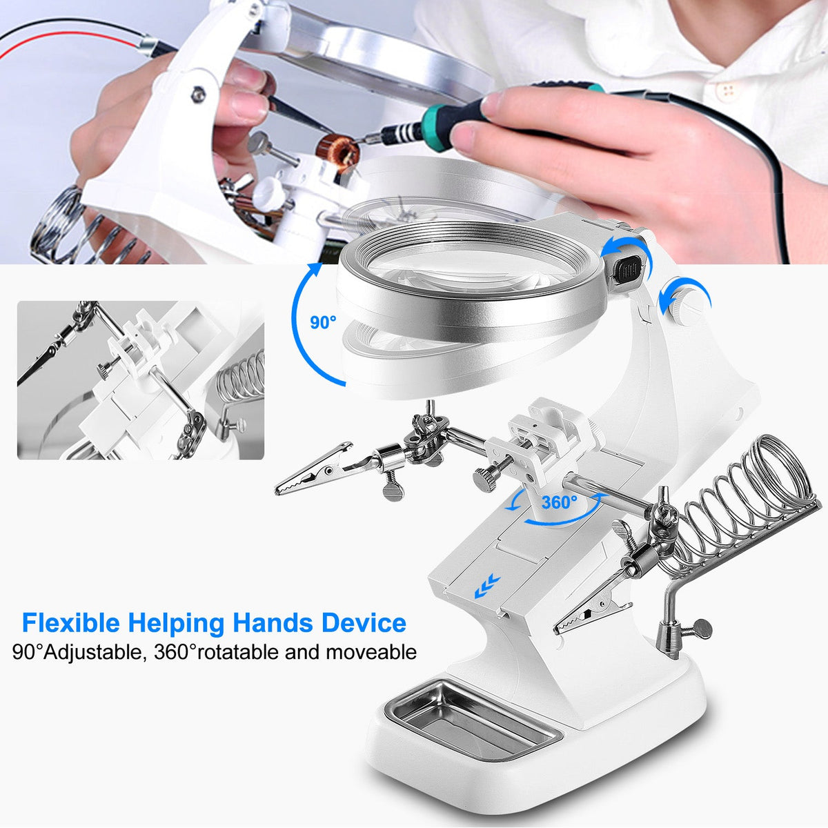 LED Light Helping Hands Magnifying Glass 3X/4.5X w/ 360¡Adjust Third Hand Soldering Vise