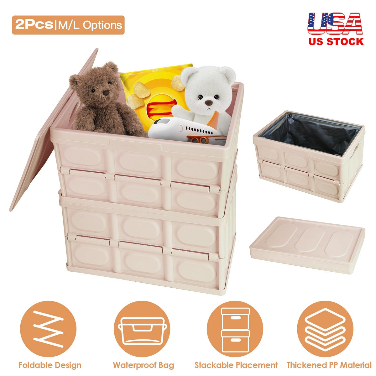 2Pcs 56L Collapsible Storage Bins With Dustproof Lid Waterproof Interior Bag Handle Stackable Storage Box Container Utility Organizer Crate For Campin