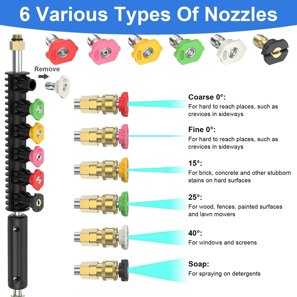 7.54FT Pressure Washer Extension Wand With 1/4" Quick Connect 4000 PSI Pressure 3 Curved Wands 6 Spray Nozzles For Deck Roof Yard Window Wall Fence Cl