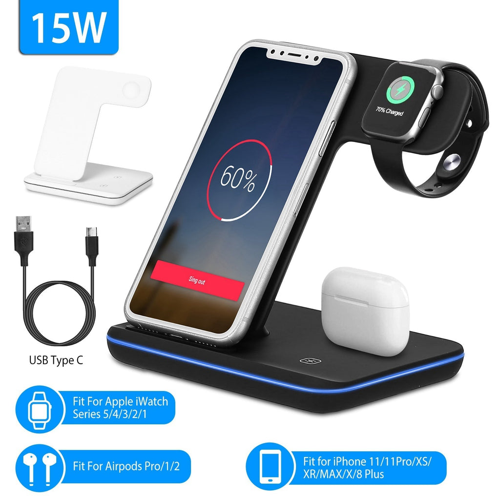Wireless Charger 3 in 1 Charger Stand 15W Fast Charging Station Dock for iWatch Series 5/4/3/2/1 AirPods iPhone 11/11 Pro/Xs/X Max/XR/X/8/8Plus Samsun