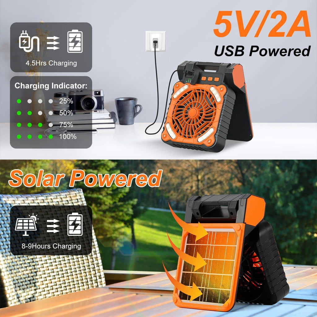 Solar Camping Fan With LED Lantern 5200mAh Rechargeable Battery Operated Portable Fan with Emergency Power Bank 4 Wind Speeds 3 Light Modes 3 Timers f