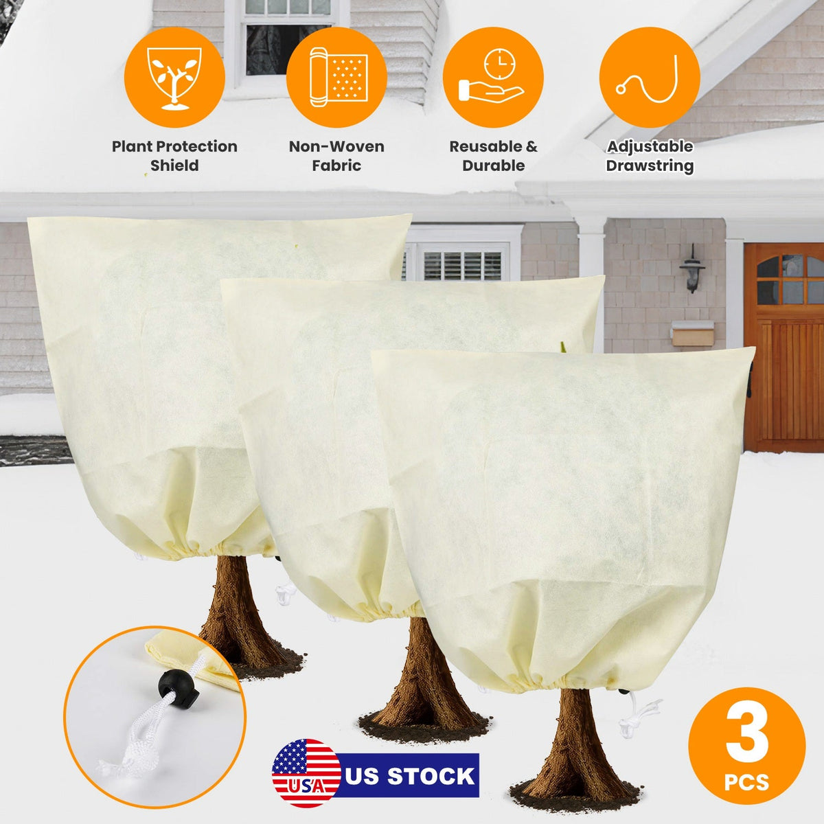 3Pcs Winter Plant Cover Bags with Drawstring 32.67x43.3in Plant Freeze Protector Reusable Non-Woven Plant Frost Blanket for Outdoor Garden Plants