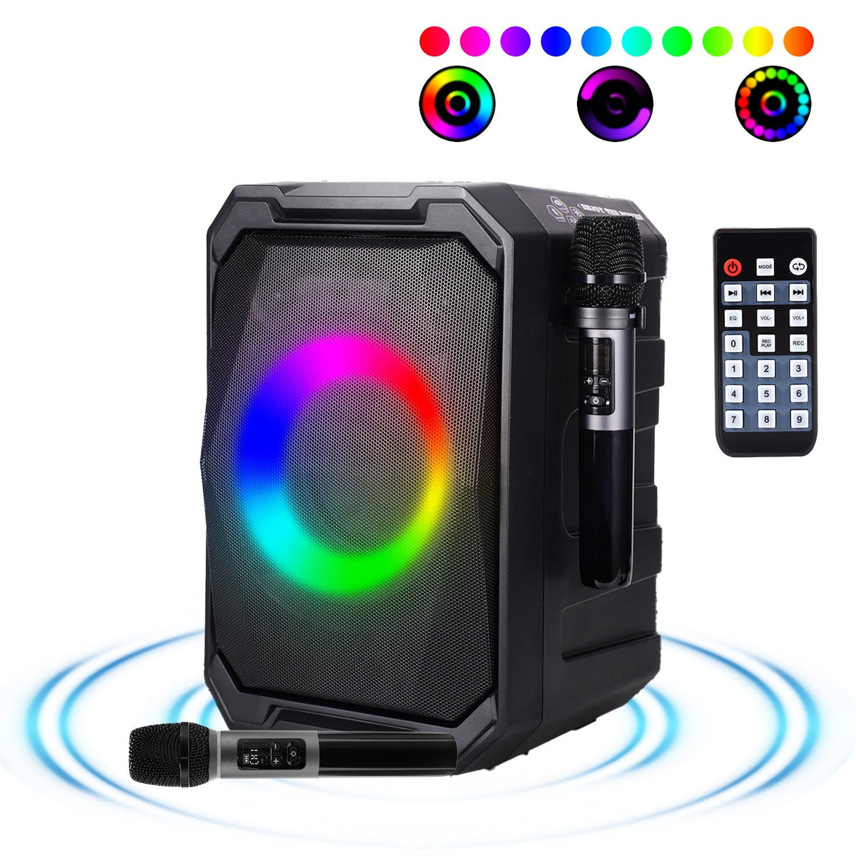 Portable Wireless Party Speaker | LED Lights, 2 Wireless Mics, Remote, TWS & Guitar Input