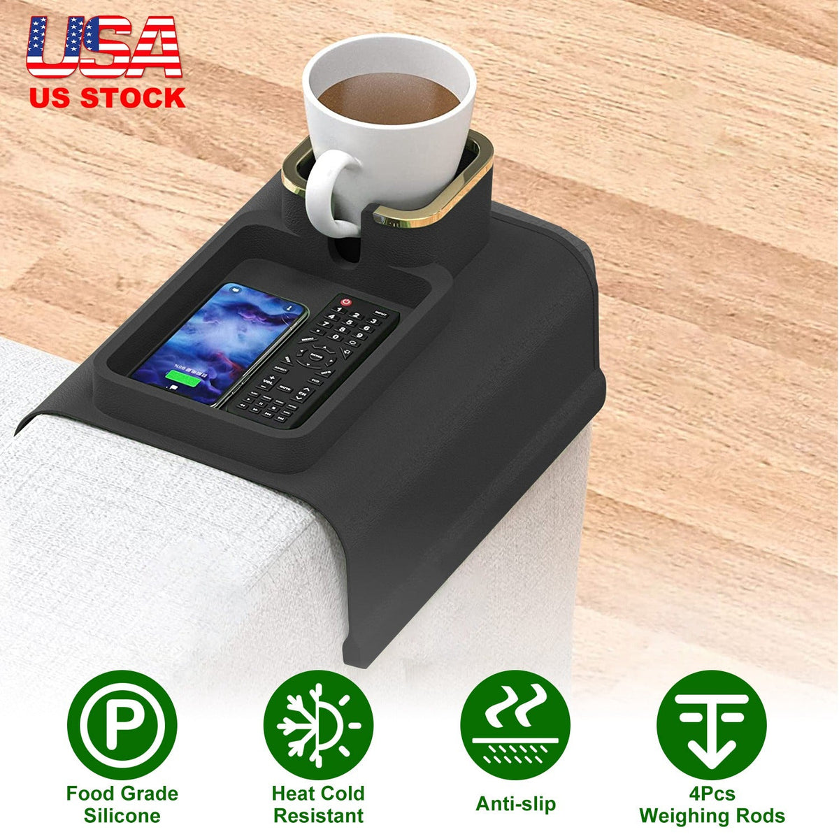 Couch Arm Cup Holder Tray Anti-spill Anti-slip Silicone Armrest Remote Snack Organizer for Coffee Cups Beer Bottles Cans
