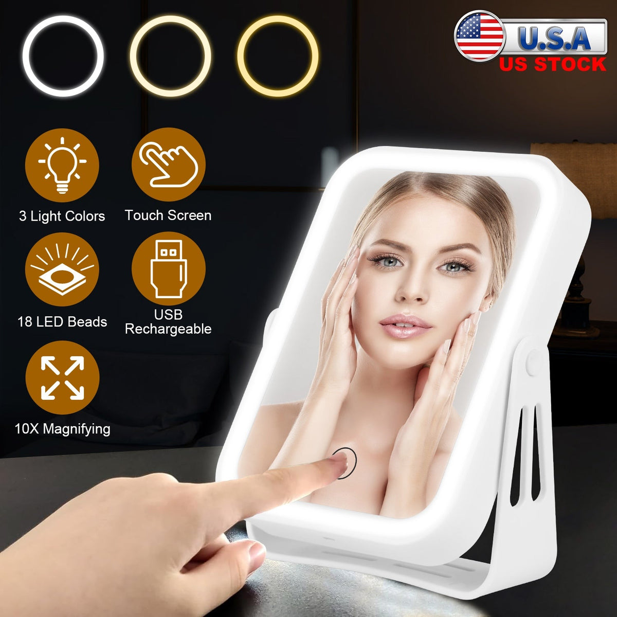 10X Magnifying Lighted Makeup Mirror Double Sided Travel Makeup Mirror with 3 Light Colors Touch Screen USB Rechargeable