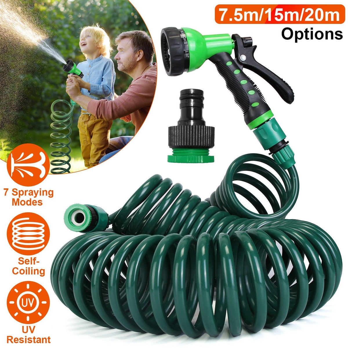 EVA Recoil Garden Hose Flexible Self-coiling Water Hose with 3/4Ó and 1/2Ó Adapter with 7 Spraying Modes for Boat Greenhouse Yard Patio