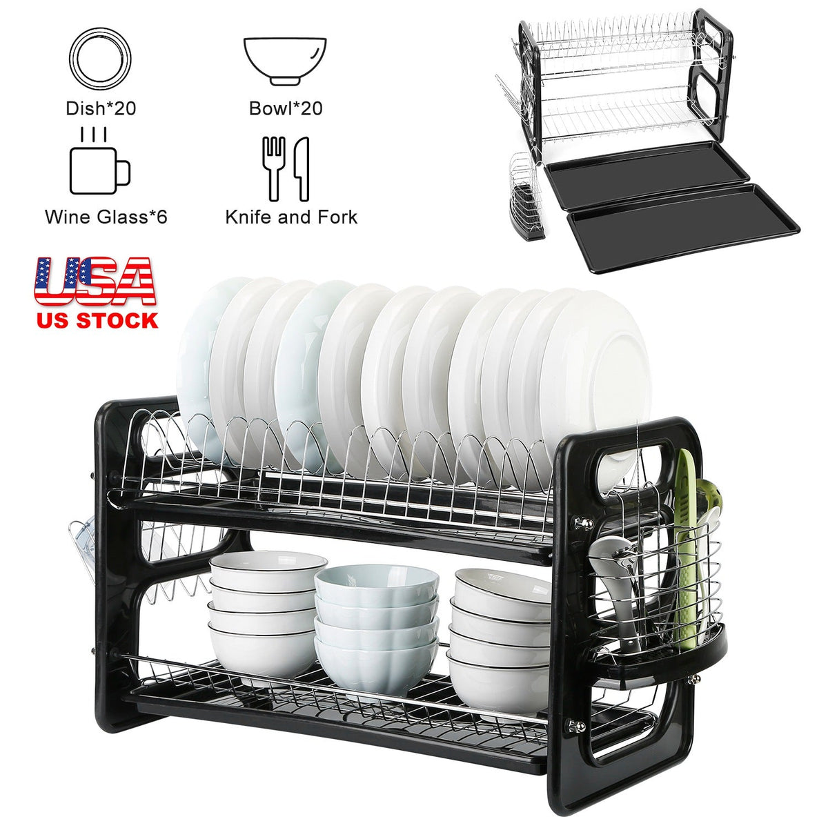 2 Tier Iron Dish Drying Rack Drainboard Set with Large Storage Anti-Rust Dish Drainer Shelf Tableware Holder Cup Holder For Kitchen Counter Storage