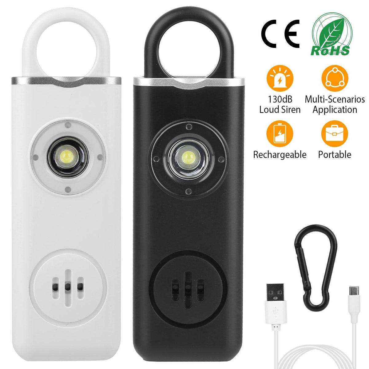 Rechargeable Personal Safety Alarm Portable 130dB Self-defense Siren with Strobe Light LED Light Carabiner Emergency Escape Tool for Women Kids Elderl