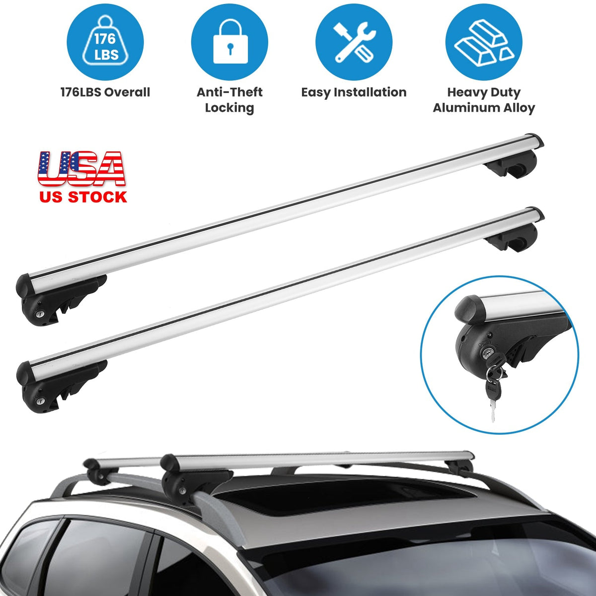 Car Roof Rack Cross Bars Aluminum Cargo Carrier Rooftop Crossbars Luggage Roof Rack Bar with 176lbs Max Load Fits Most Vehicles with Existing Raised S