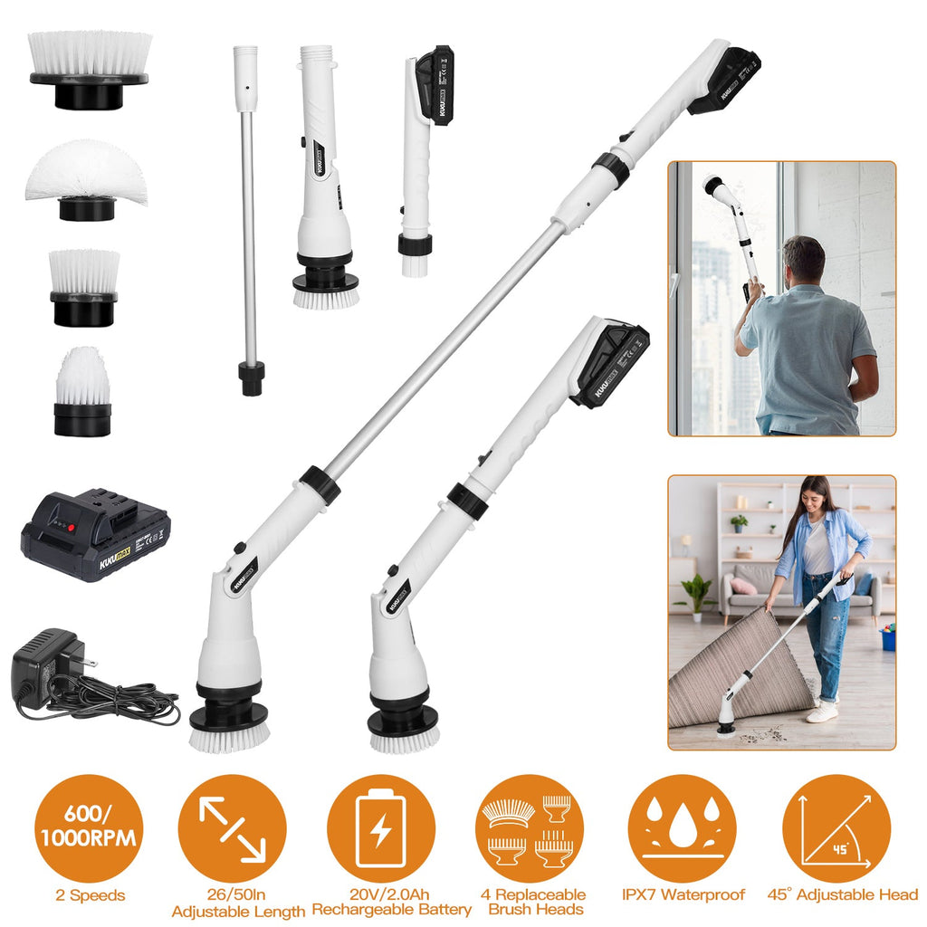 Electric Spin Scrubber Cordless Handheld Rechargeable Cleaning Brush with 4 Replaceable Heads 600/1000RPM Speeds 26/50in Length 20V/2.0Ah Battery for