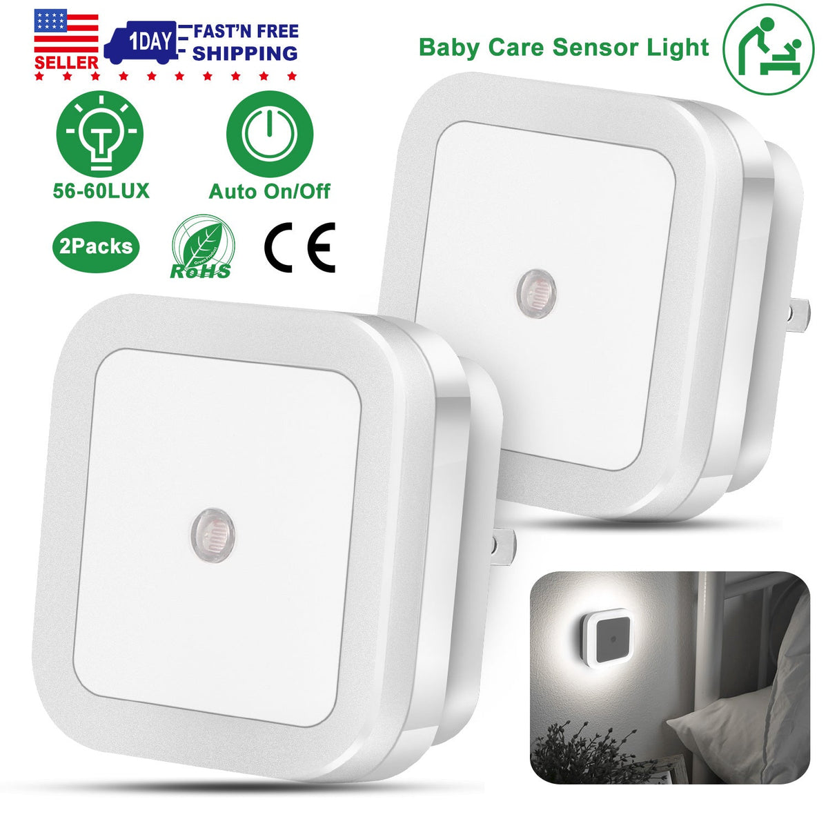 2Packs LED Night Lights Plug-in Light Sensor Lamps Cordless Indoor LED Lighting For Postpartum Mother Babysitter Aged Parent Bedroom Bathroom