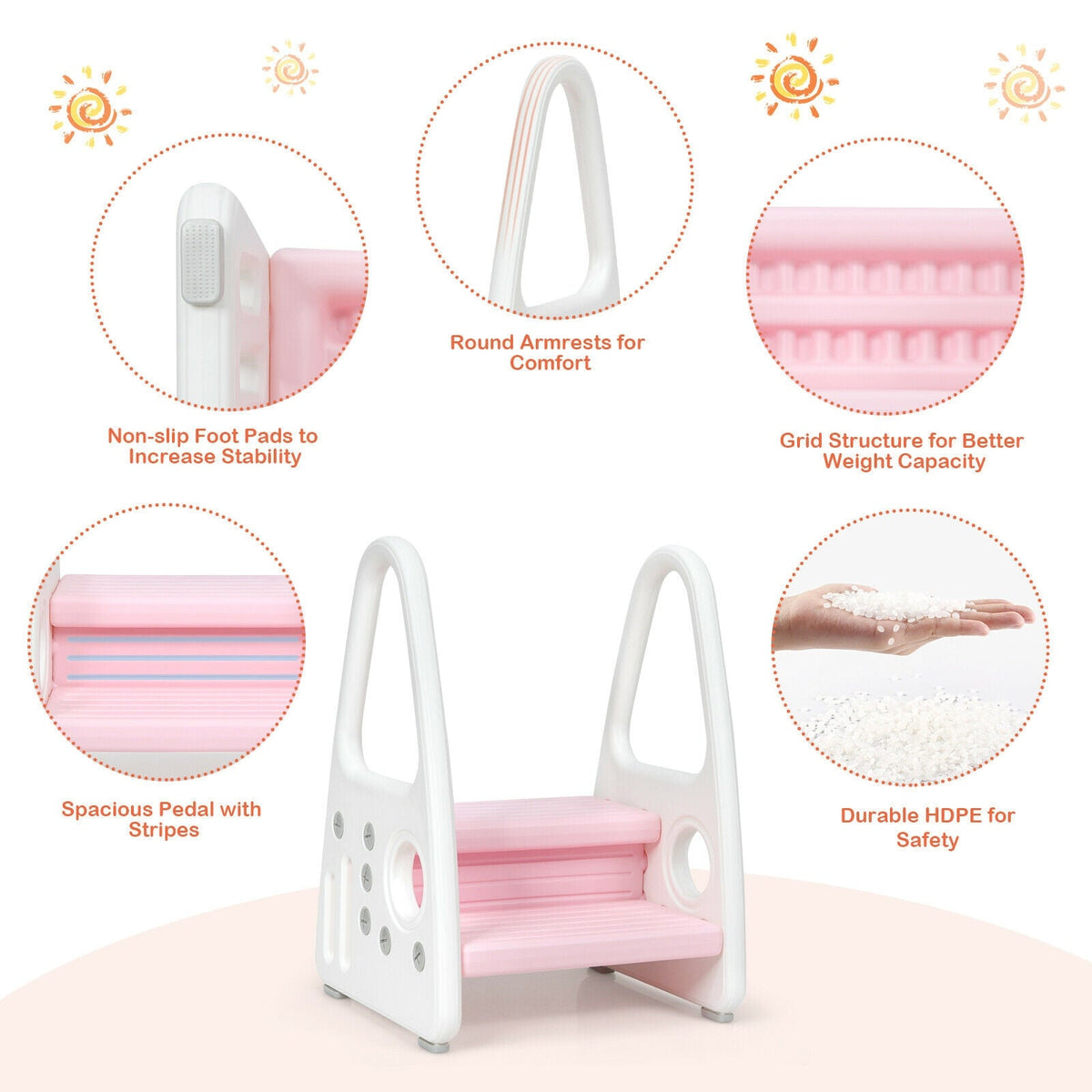 Kids Step Stool Learning Helper with Armrest for Kitchen Toilet Potty Training-Pink
