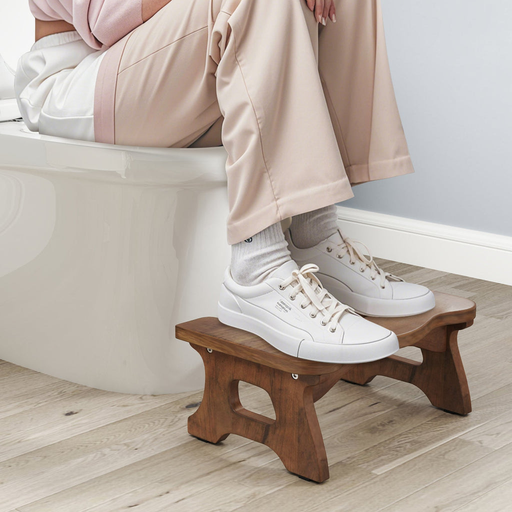 7 Inch Teak Wood Toilet Stool with Non-slip Foot Pads for Bathroom