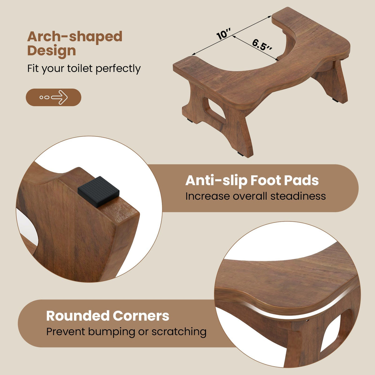 7 Inch Teak Wood Toilet Stool with Non-slip Foot Pads for Bathroom