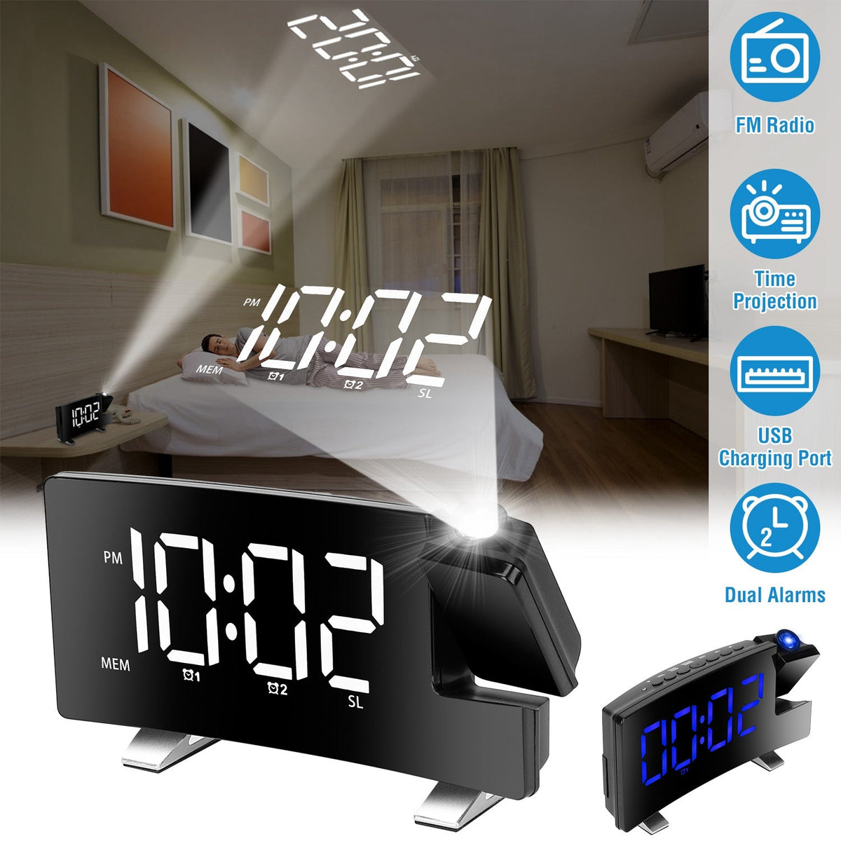 Projection Alarm Clock with Radio Function 7.7In Curved-Screen LED Digital Alarm Clock w/ Dual Alarms 4 Dimmer 12/24 Hour USB Charging Port 180¡ Rotat