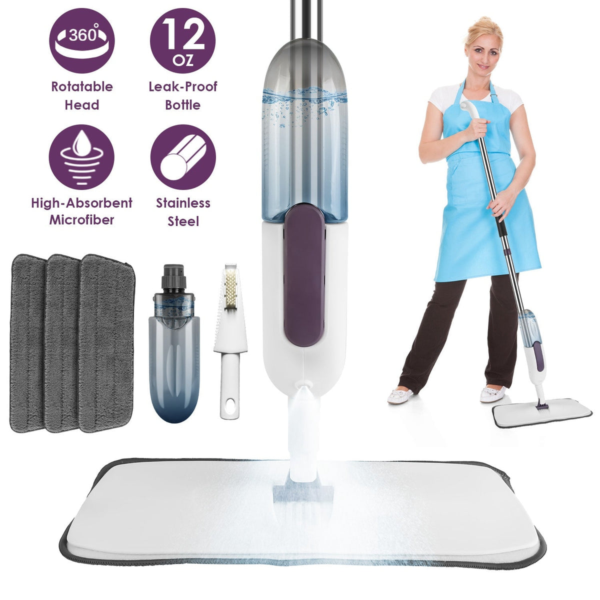 Spray Mop With 3 Machine Washable Microfiber Pads 12OZ Refillable Water Bottle Wet Dry Use Microfiber Mop For Hardwood Ceramic Tiles Laminate Floor Cl
