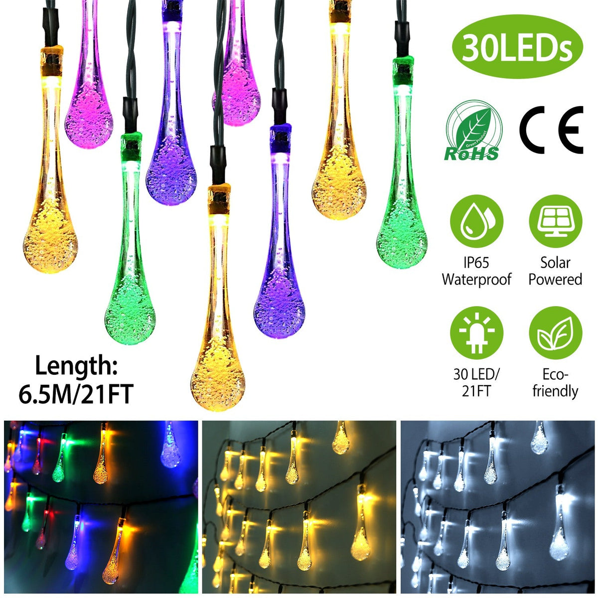 Outdoor Solar String Lights 21 Feet 30 LEDs Water Drop Solar Powered Lights Waterproof Solar Fairy Lights Decorative Solar Powered Lights for Home Pat