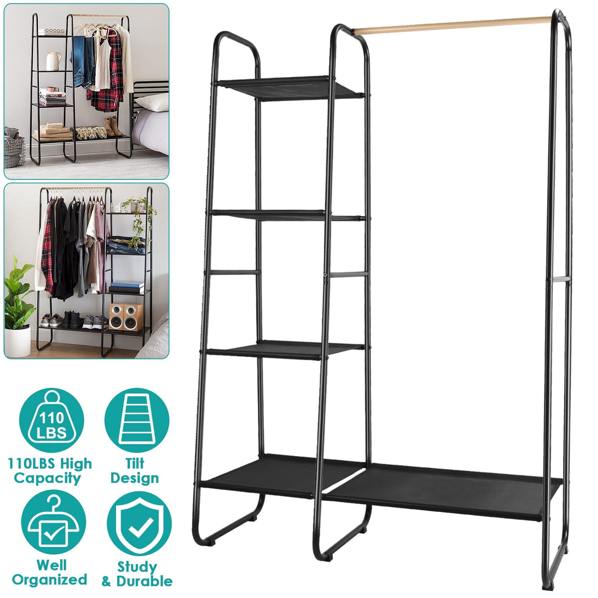 Metal Garment Hanging Rack Shoe Clothing Organizer Shelves Freestanding Clothing Hanging Rail Clothes Wardrobe Shoe Display Organizer with 1 Hanging R