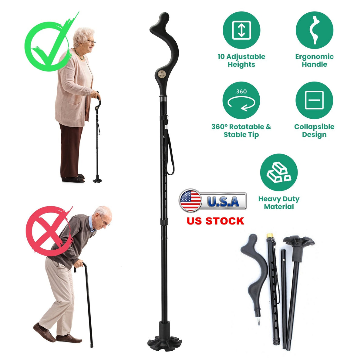 Posture Walking Cane for Men Women Old People Collapsible Walking Cane Heavy Duty Walking Stick with 10 Adjustable Heights for Hiking