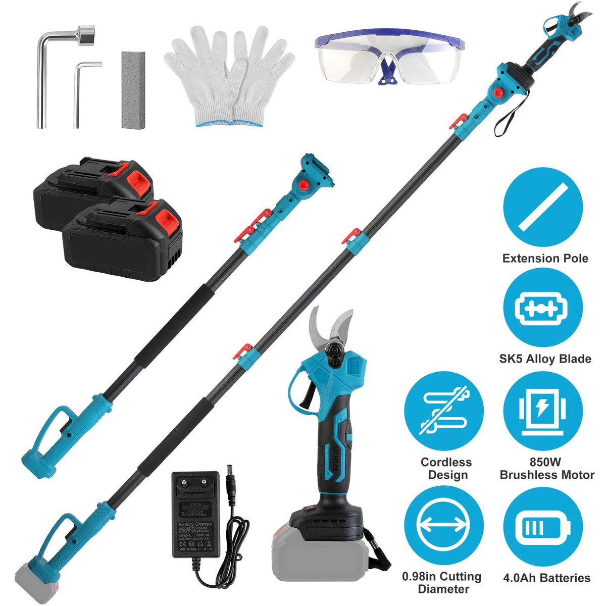 2-In-1 Electric Pruning Shear with Extension Pole 21V 4.0Ah Batteries Powered Cordless Pruner Reach 13FT High 0.98in Cutting Diameter for Tree Trimmin