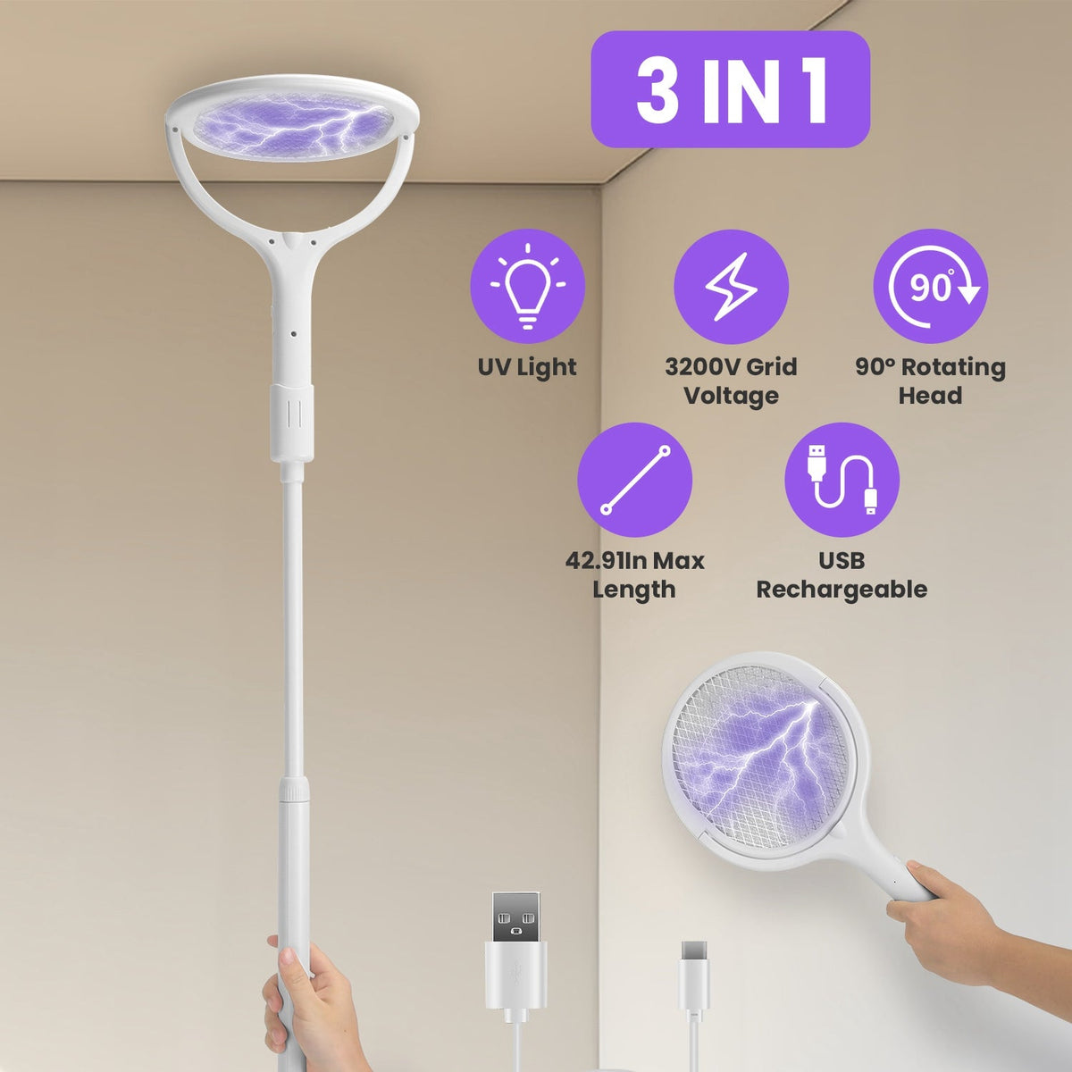 3 In 1 Electric Bug Zapper Racket 90¼Rotating Bug Zapper Wand Indoor Outdoor Handheld Mosquito Swatter with Telescopic Extension Wand