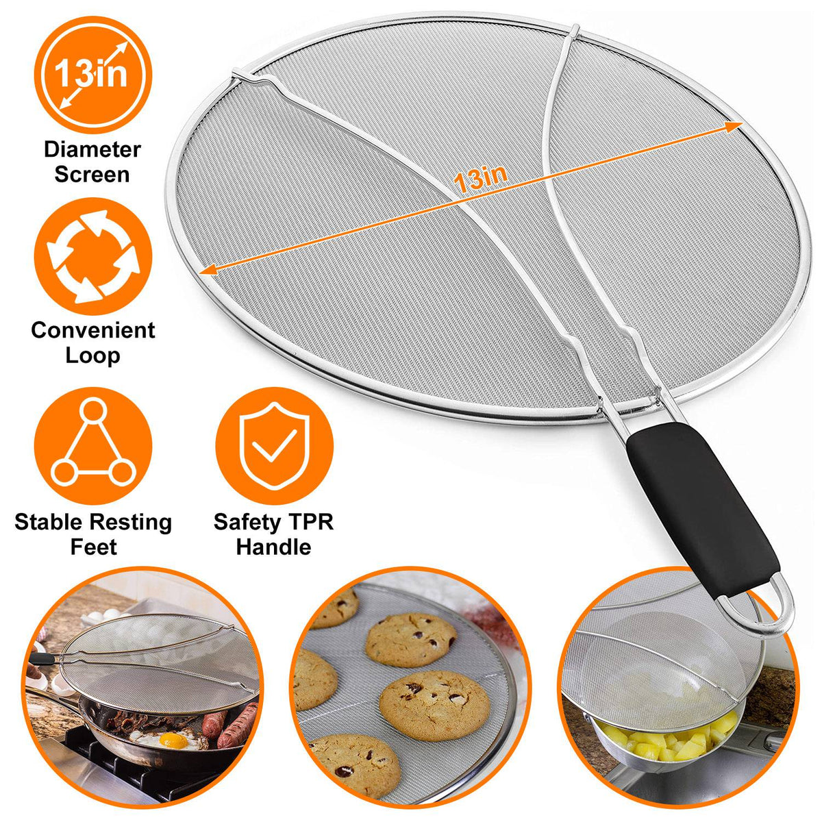 Grease Splatter ScreenÊ13in Stainless Steel Fine Mesh Splash Mesh Shield Hot Oil Stopper w/ Resting Feet For Frying Pan Cooking Woks Skillets Pots Pan