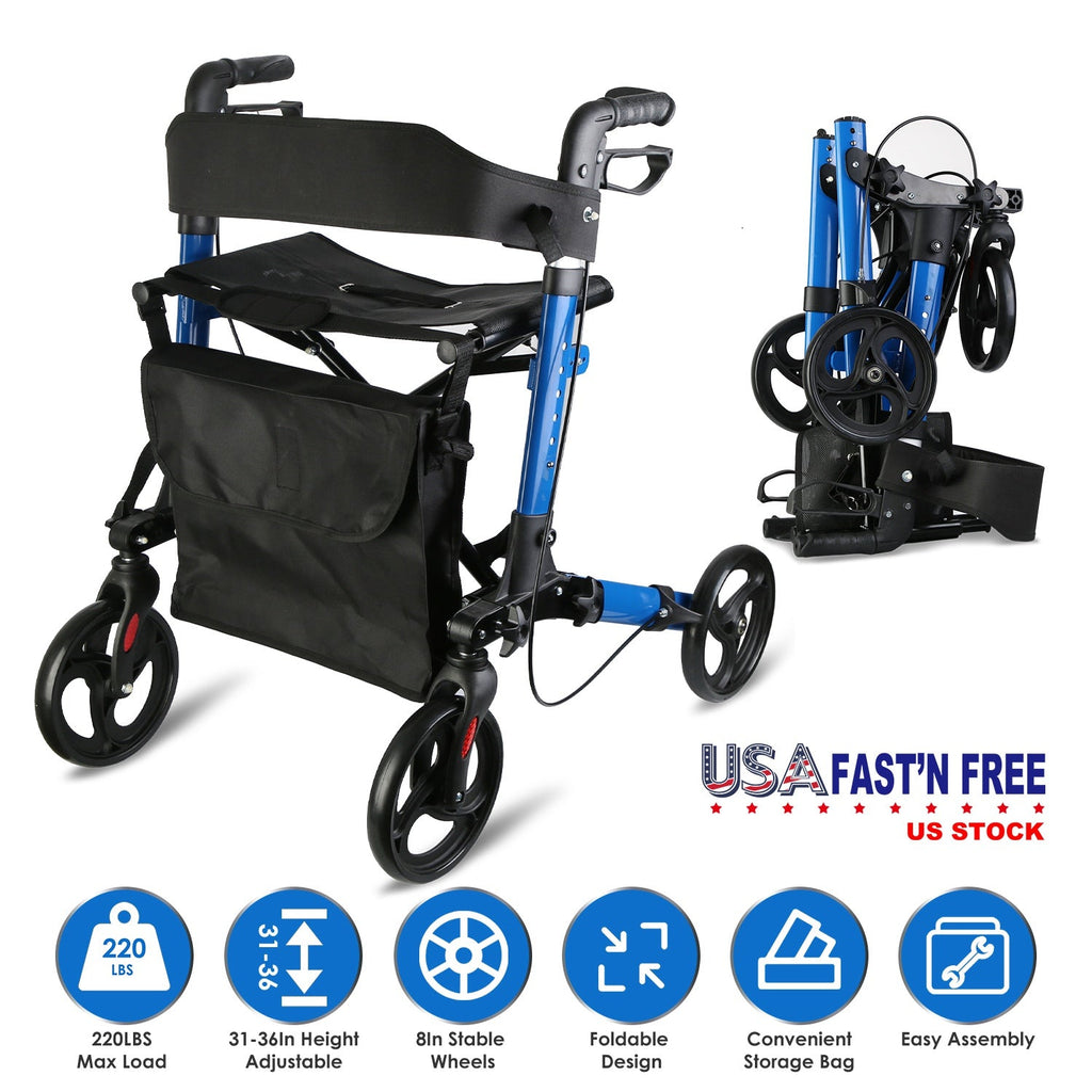 Aluminum Rollator Walker with Seat Backrest Foldable Rolling Walker with 220LBS Max Load 31-36in Adjustable Height 8in Wheels for Seniors Adult Mobili