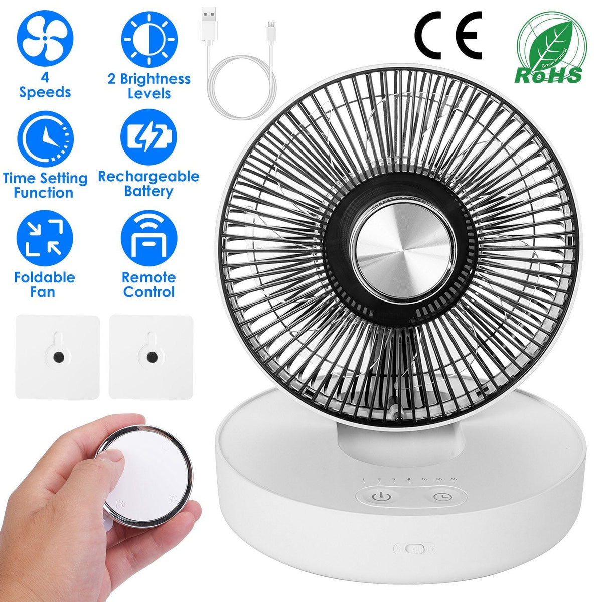 Foldable Rechargeable LED Desk Fan Wall Mounted Fan with Magnetic Remote Hanging Oscillating Fan with 4 Speeds 2 Brightness Time Setting Automatic Rot