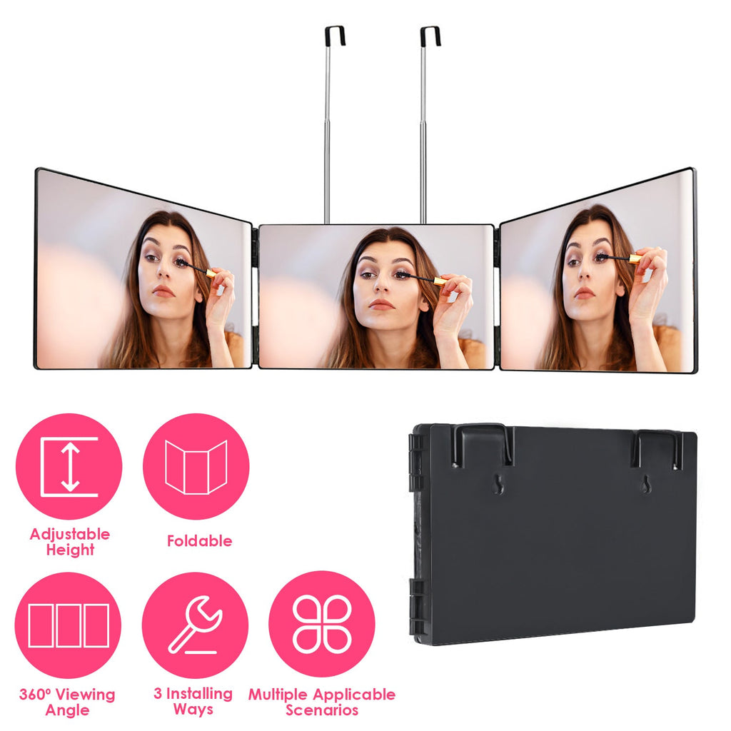 3 Way Mirror with Telescopic Hanger Tri-fold Mirror Personal Makeup Mirror for Self Shaving Hair Cutting Dyeing Curling Braiding