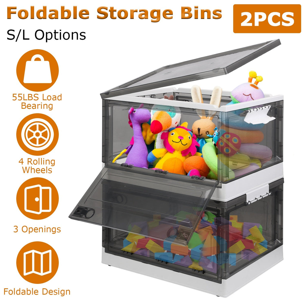 2 Packs Foldable Storage Bins Collapsible Storage Box Organizer Stackable Toy Container with Double Doors Top Lid Rolling Wheels for Clothes Toys Book