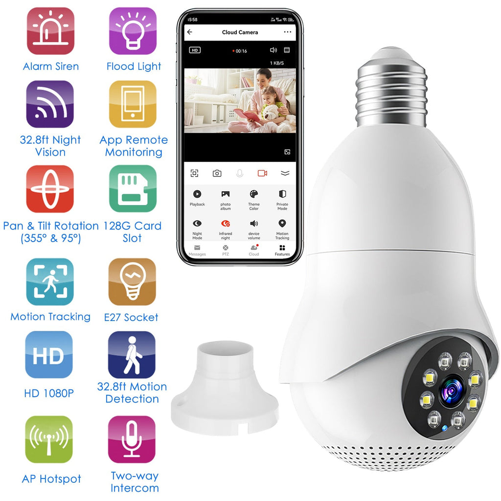 E27 WiFi Bulb Camera 1080P FHD WiFi IP Pan Tilt Security Surveillance Camera with Two-Way Audio Night Vision Flood Light Motion Tracking Siren Functio