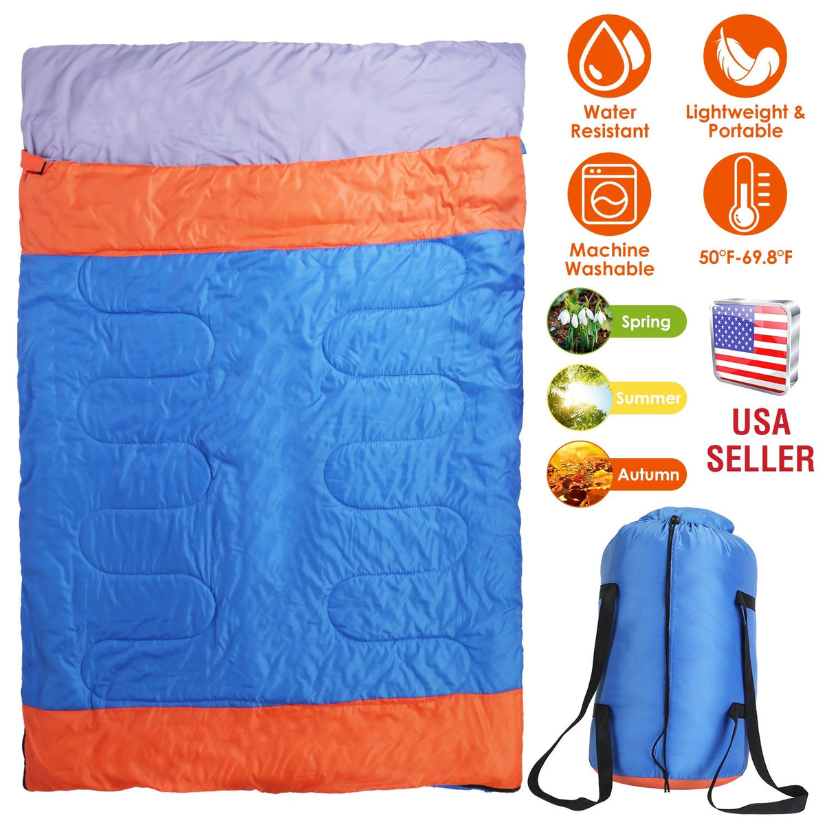 3 People Sleeping Bag for Adult Kids Lightweight Water Resistant Camping Cotton Liner Cold Warm Weather Indoor Outdoor Use 3 Season with Sack for Spri