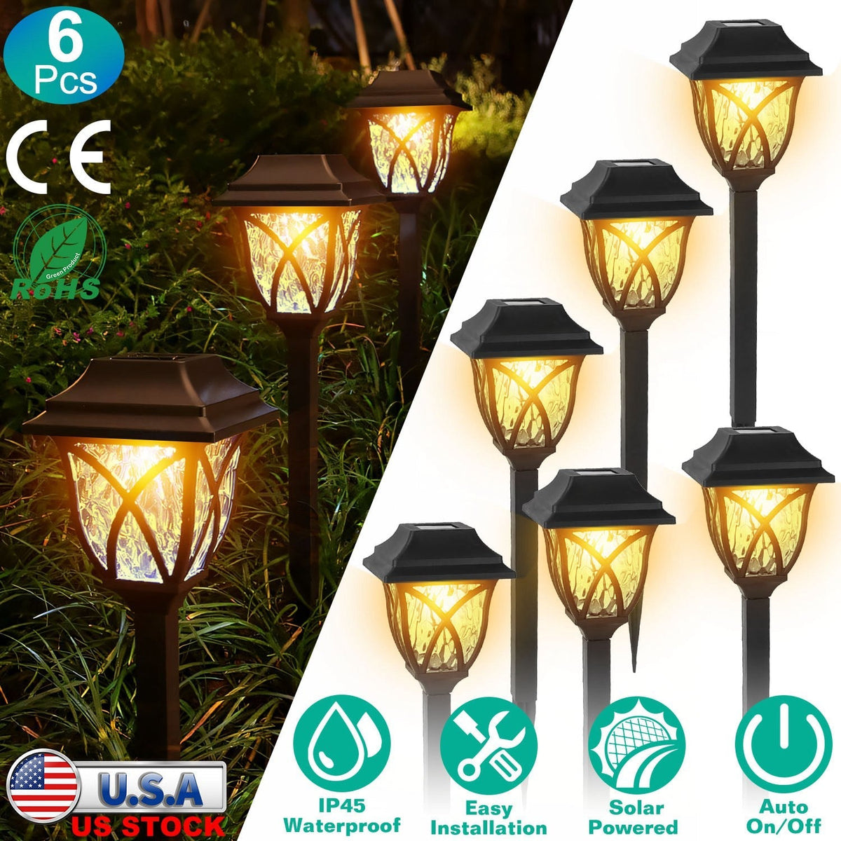 6Pack Solar Powered Stake Light Outdoor Decorative Landscape Lamp IP45 Waterproof Auto On Off Outdoor Light for Pathway Garden Yard Patio