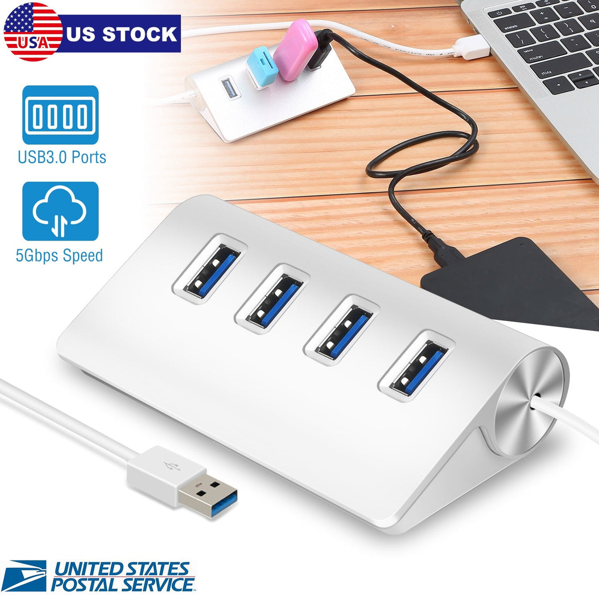4 Ports USB3.0 Hub 5Gbps USB3.0 Aluminum Expansion Hub Splitter File Video Date Reader Transmission For U Disk Flash Drive Mouse Digital Camera