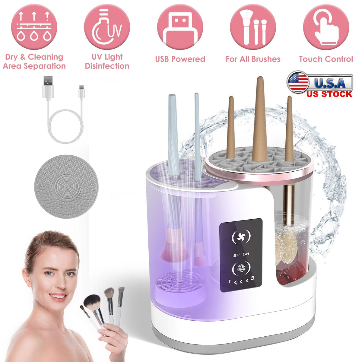 4 In 1 Electric Makeup Brush Cleaner USB Powered Automatic Brush Blender Machine with Timer Digital Display Cleaning Drying UV Disinfection Brush Stor