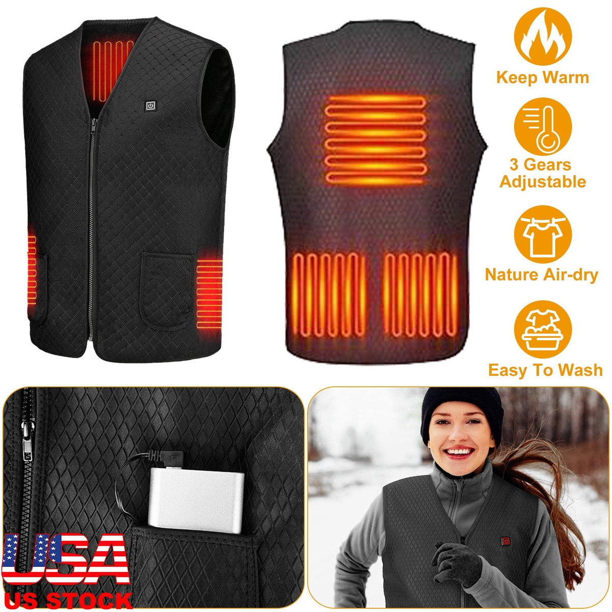 Heat Jacket Vest 3 Heating Gear Adjustable USB Heated Vest Warm Heat Coat Vest w/ 5 Heating Zones For Men Women Winter Outdoor Activity