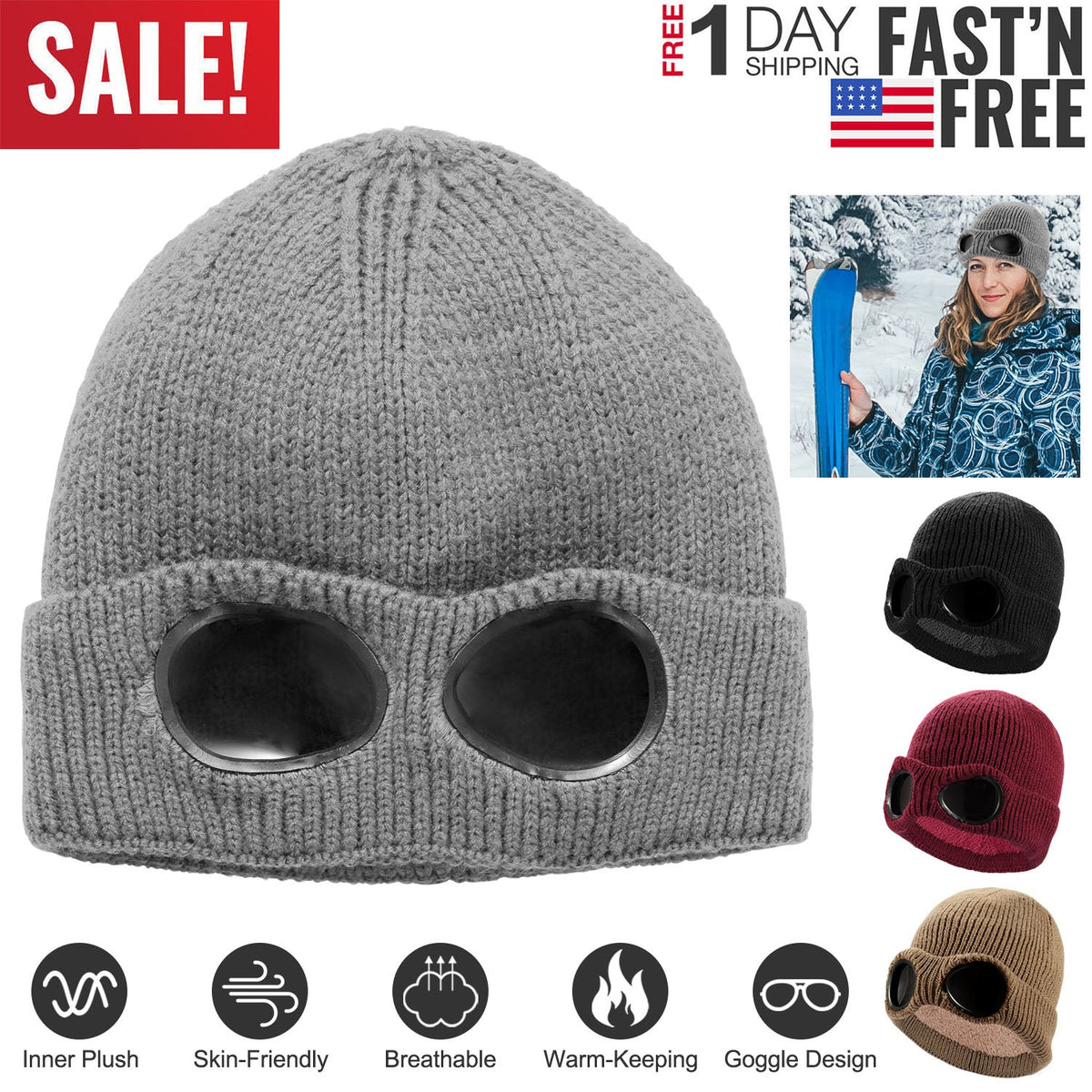 Unisex Knit Beanie Hat with Goggle Chunky Winter Warm Hat Skull Cap 4 Colors
