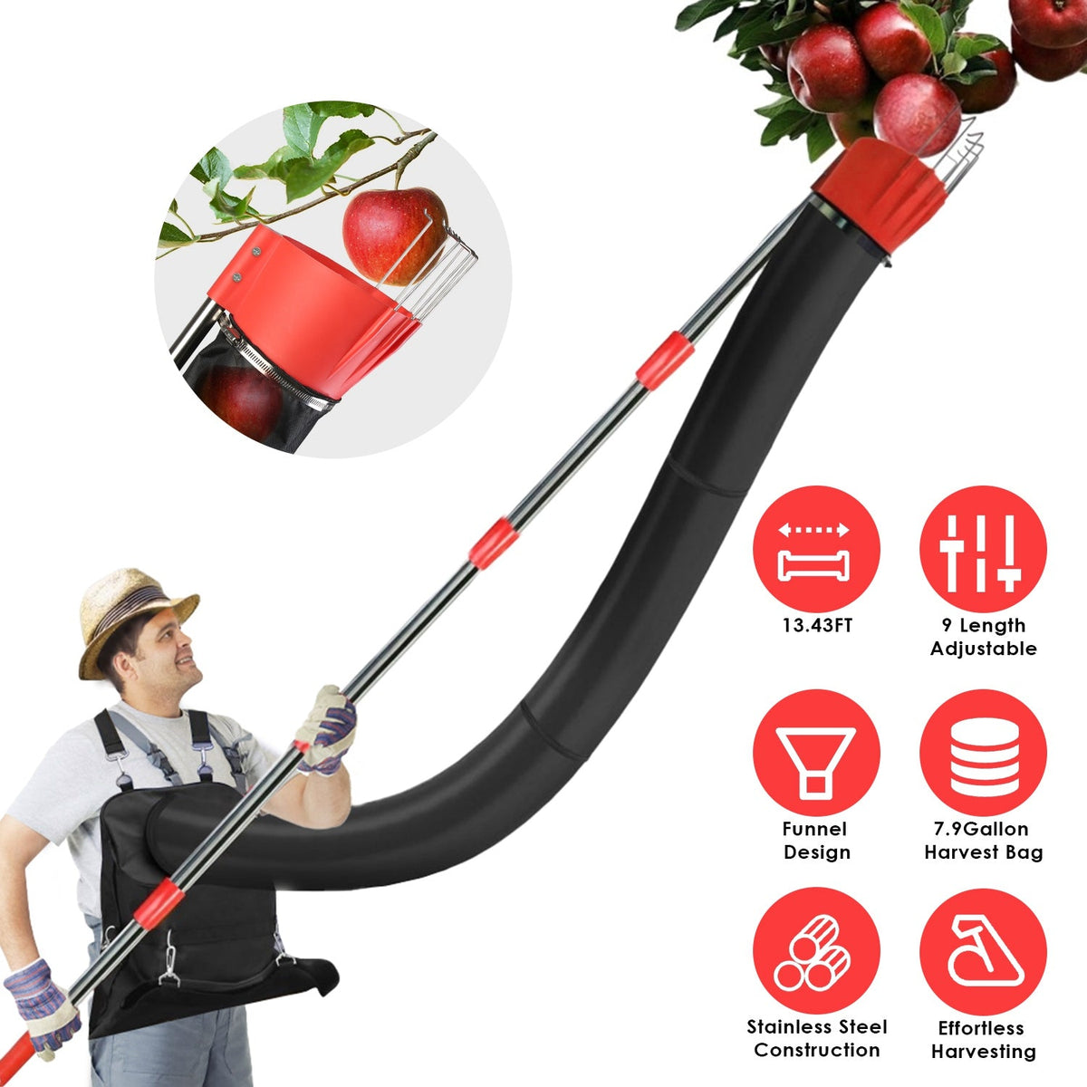13.43FT High Reach Fruit Picker Pole with Harvest Bag Heavy Duty Fruit Picking Tool with Basket Funnels Collection Bag for Mango Avocado Lemon Apples