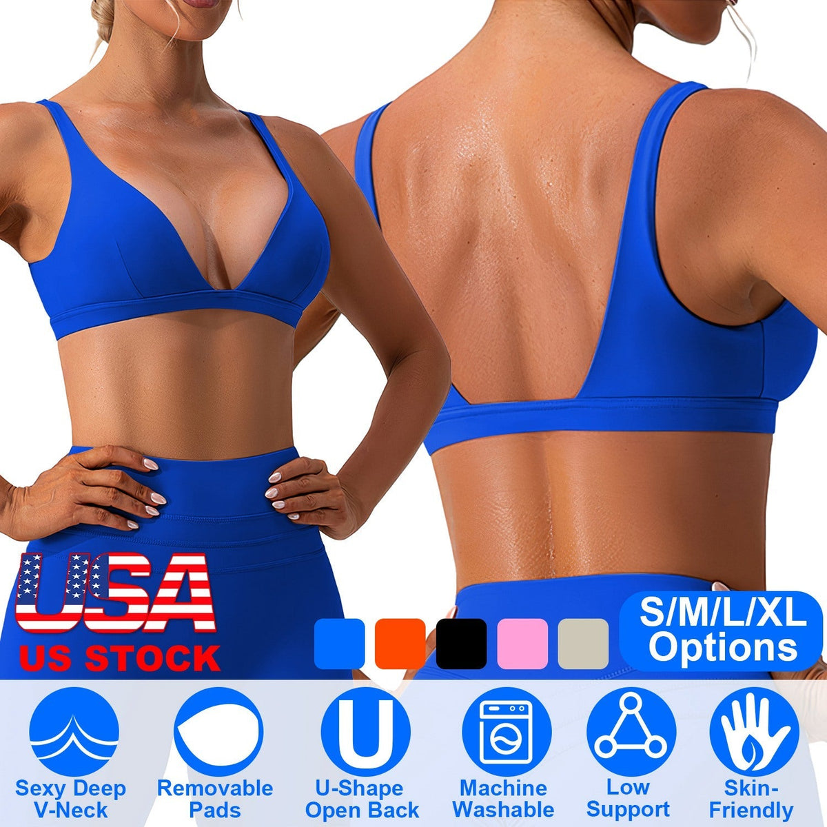 Women Deep V-Neck Sports Bras U-Shaped Back Sport Bras Padded StrappyÊCrop Open Back Low Impact Bras SexyÊFitnessÊTank Tops with Removable Pads for Gy