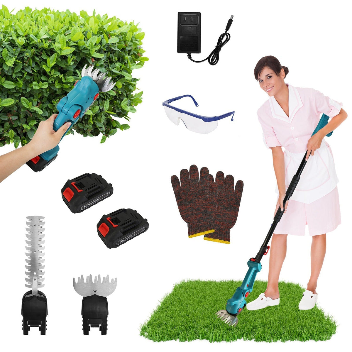 Pole Mini Hedge Trimmer & Grass Shear Electric Cordless Handheld Hedge Trimmer with 90¡ Rotatable Head Telescopic Extension Pole Gloves Goggles 2Pcs 2