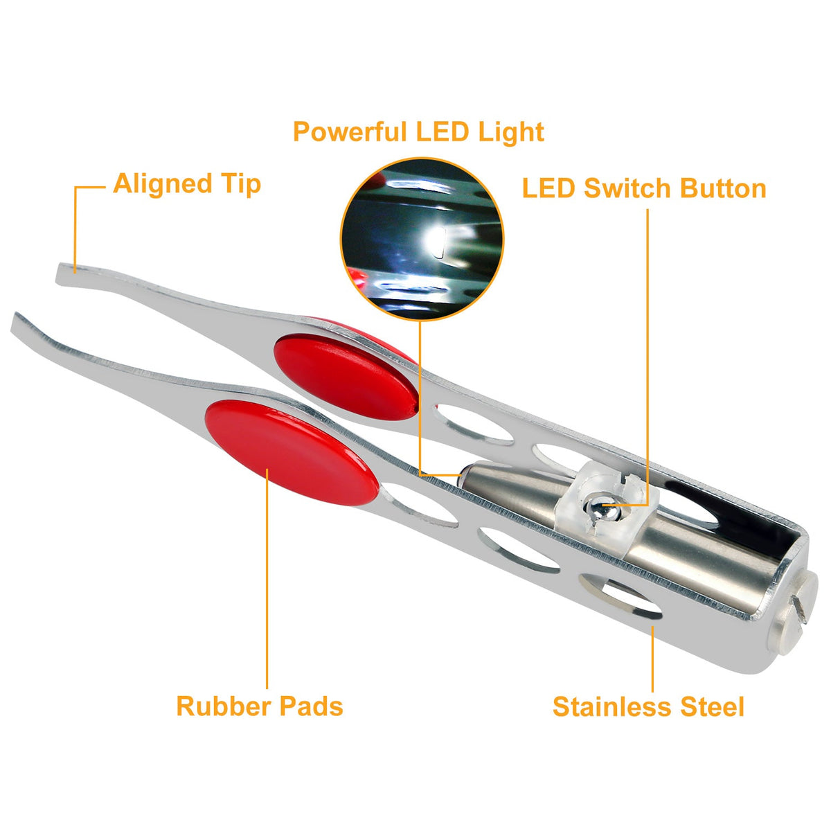 LED Eyebrow Tweezer Stainless Steel Make Up Tweezer w/ LED Light Rubber Finger Pads For Eyebrow Eyelash Hair Removal