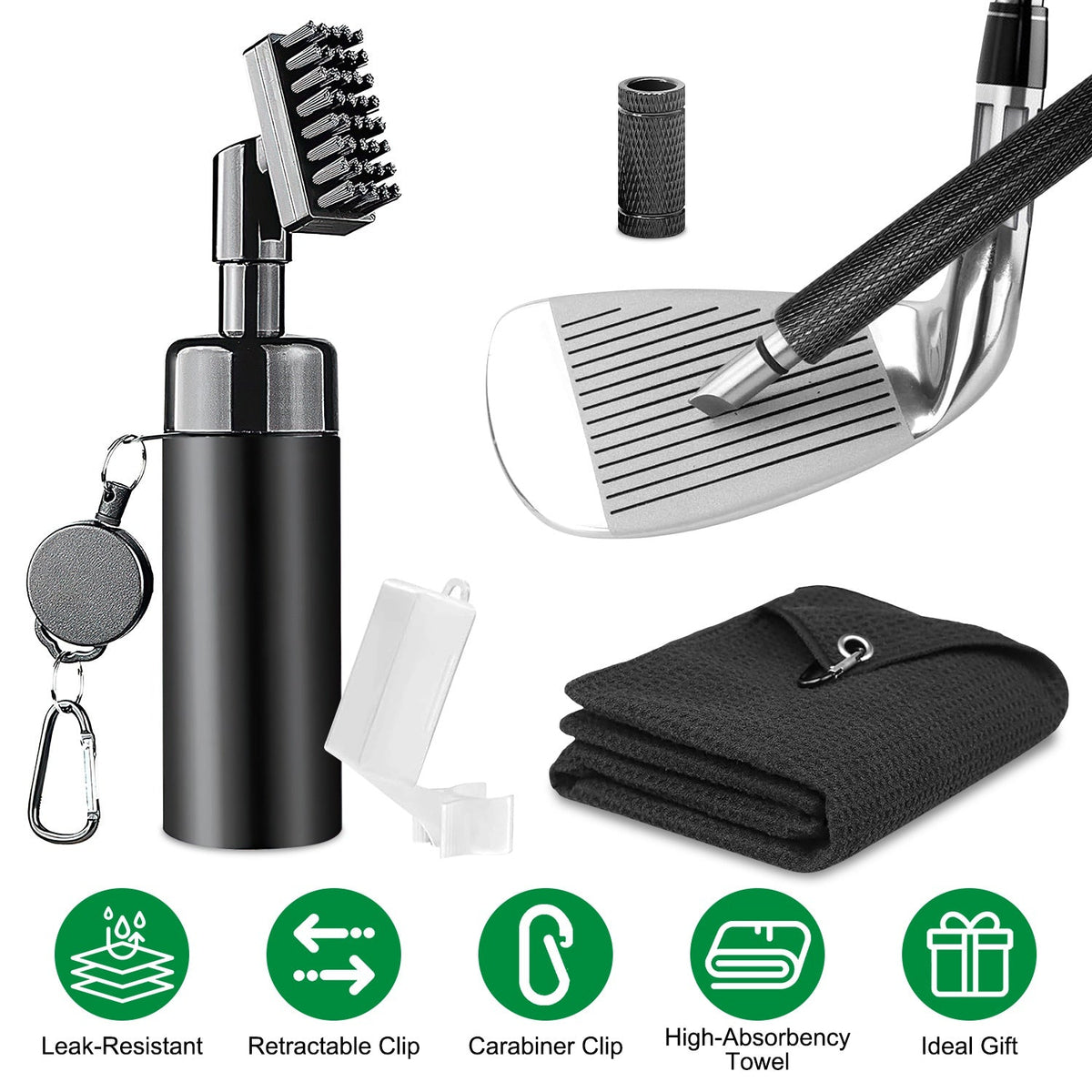 3 In 1 Golf Club Cleaning Kit Golf Club Cleaner Brush with 5Oz Water Bottle Retractable Clip Groove Sharpener Golf Towel Gift for Golfers