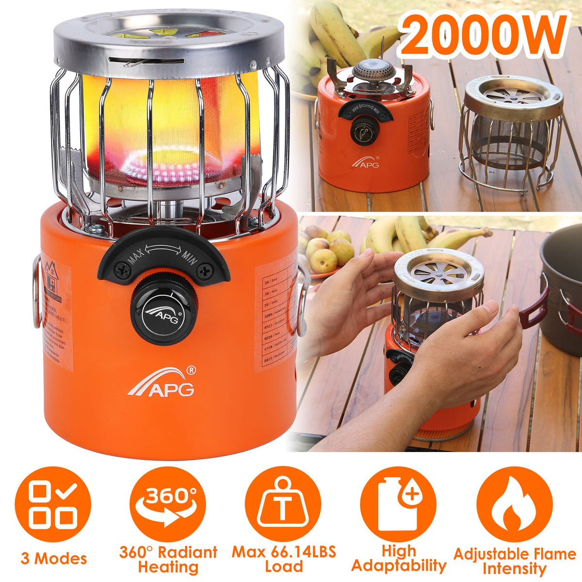 2000W 2 In 1 Camping Stove Tent Heater Outdoor Gas Stove Portable Backpacking Stove with 3 Modes 360¡ Radiant Heating for Camping Hiking Picnic BBQ