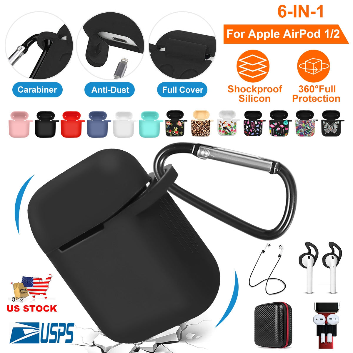 Silicone Case for Apple AirPod 1 2 AirPods Protective Cover Skin w/Strap Ear Hooks Watch Band Holder