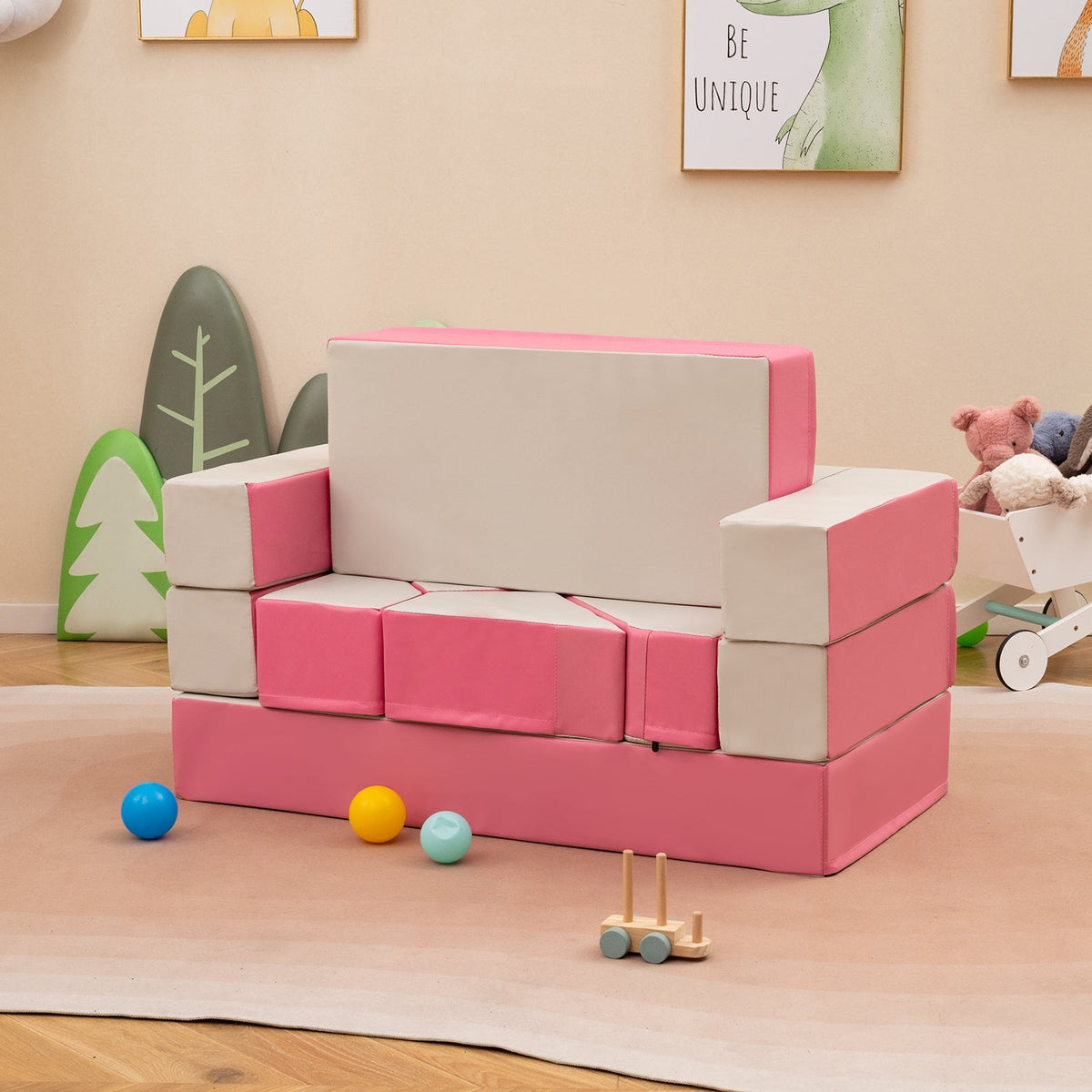 8-Piece 4-in-1 Kids Climb and Crawl Foam Playset-Pink